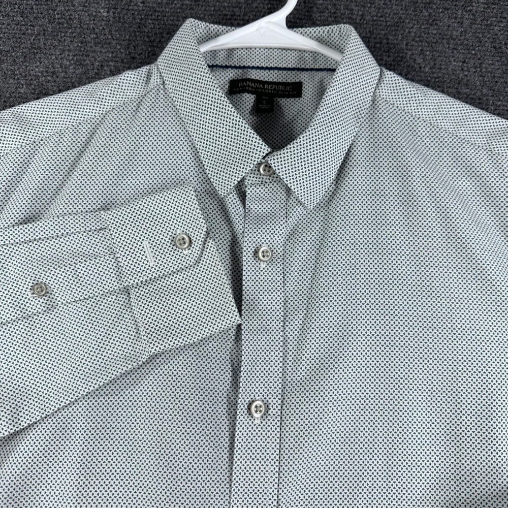 Banana Republic Button Down Mens L Large Tall Grey Geometric Non-Iron Slim Fit - Picture 4 of 14